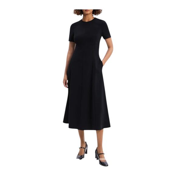 Theory Crepe short sleeve Flared Hem Midi Dress black size 0 - Picture 1 of 8